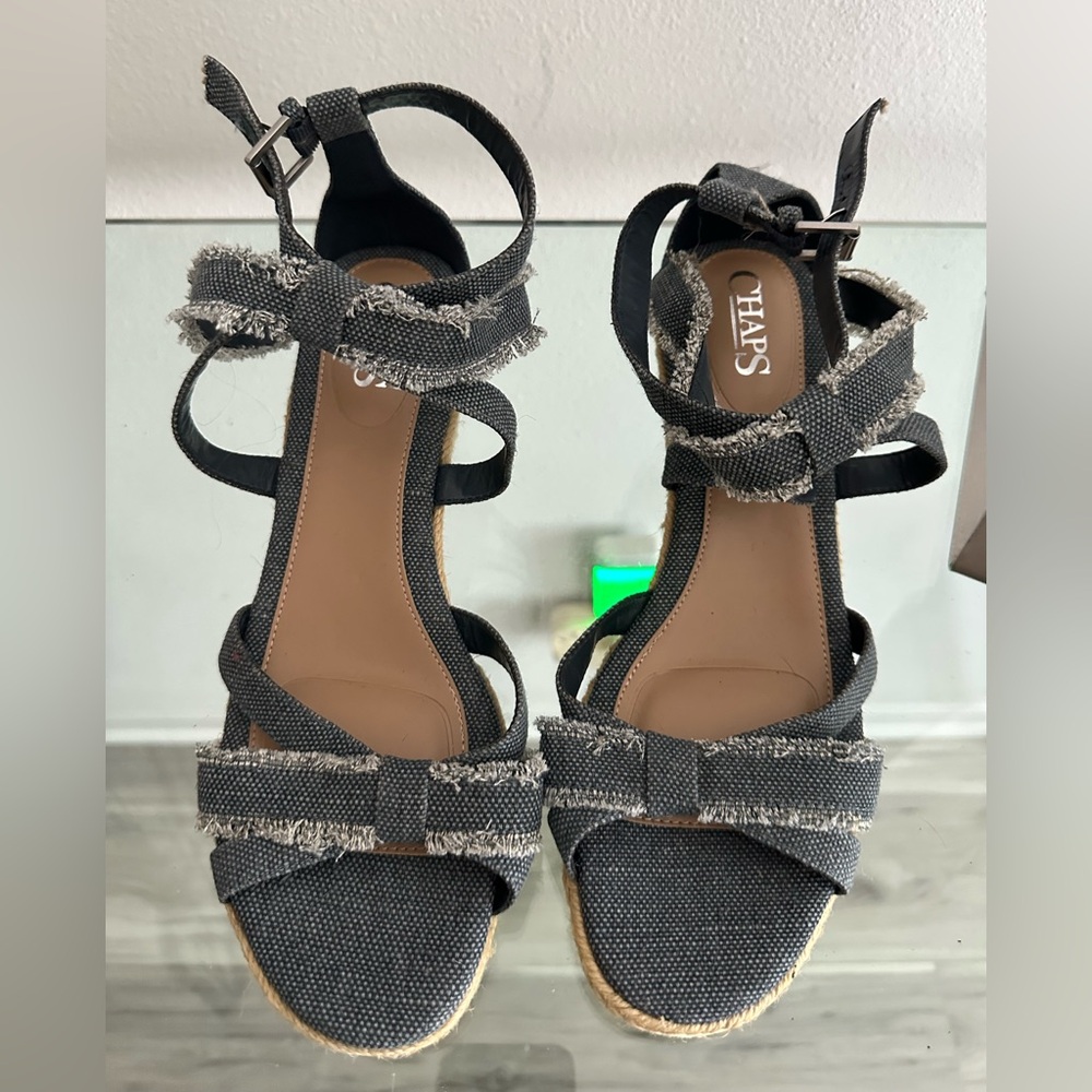 Chaps Clarissa denim wedge espadrille with a rope platform and slingback heel